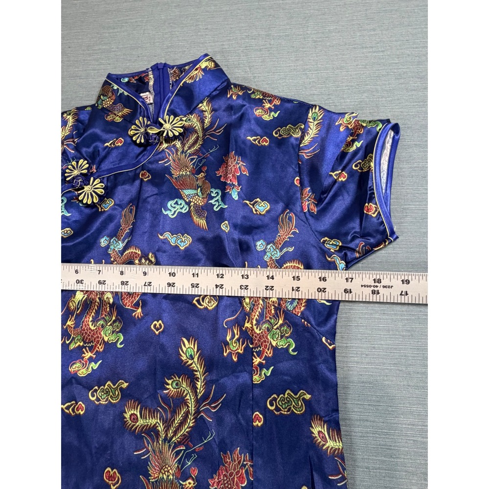 Hong Shang Jia Blue Dragon Phoenix Satin Cheongsam Qipao Maxi Dress XL - Picture 3 of 9